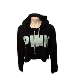 PINK Victoria's Secret Black Cropped Hoodie Sweatshirt Light Blue Logo Womens L